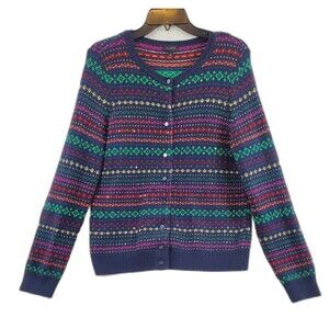 Talbots Sweater Lambs Wool Blend Striped Knit Multicolor Cardigan Sz Large L